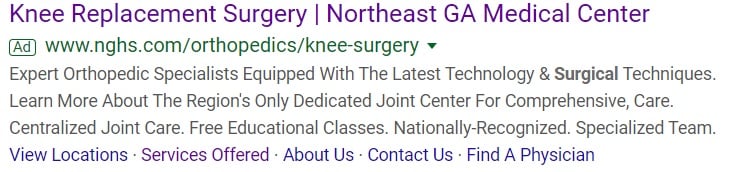orthopedic search ad focused on brand awareness, not scheduling an appointment right away