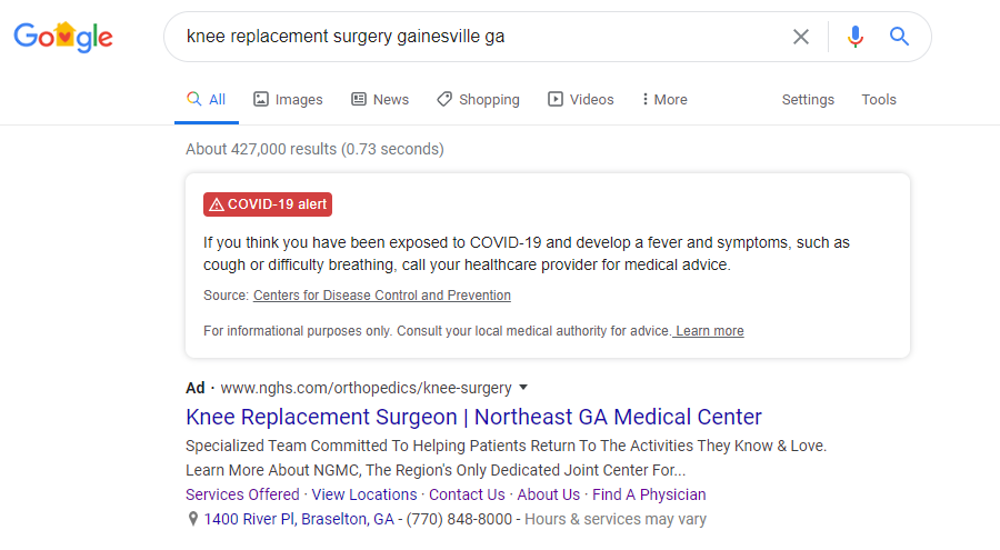 knee surgery paid search ad