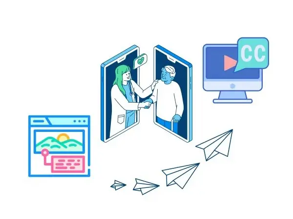 three graphics showing an alt tag on an image, a patient and doctor talking virtually, and closed captioning on a video