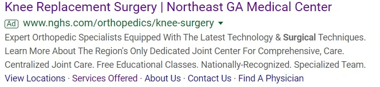 orthopedic search ad focused on brand awareness, not scheduling an appointment right away