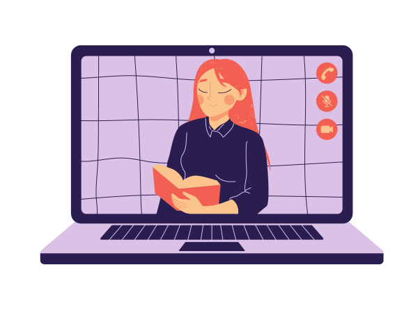 a woman reading a book in a video on a laptop screen