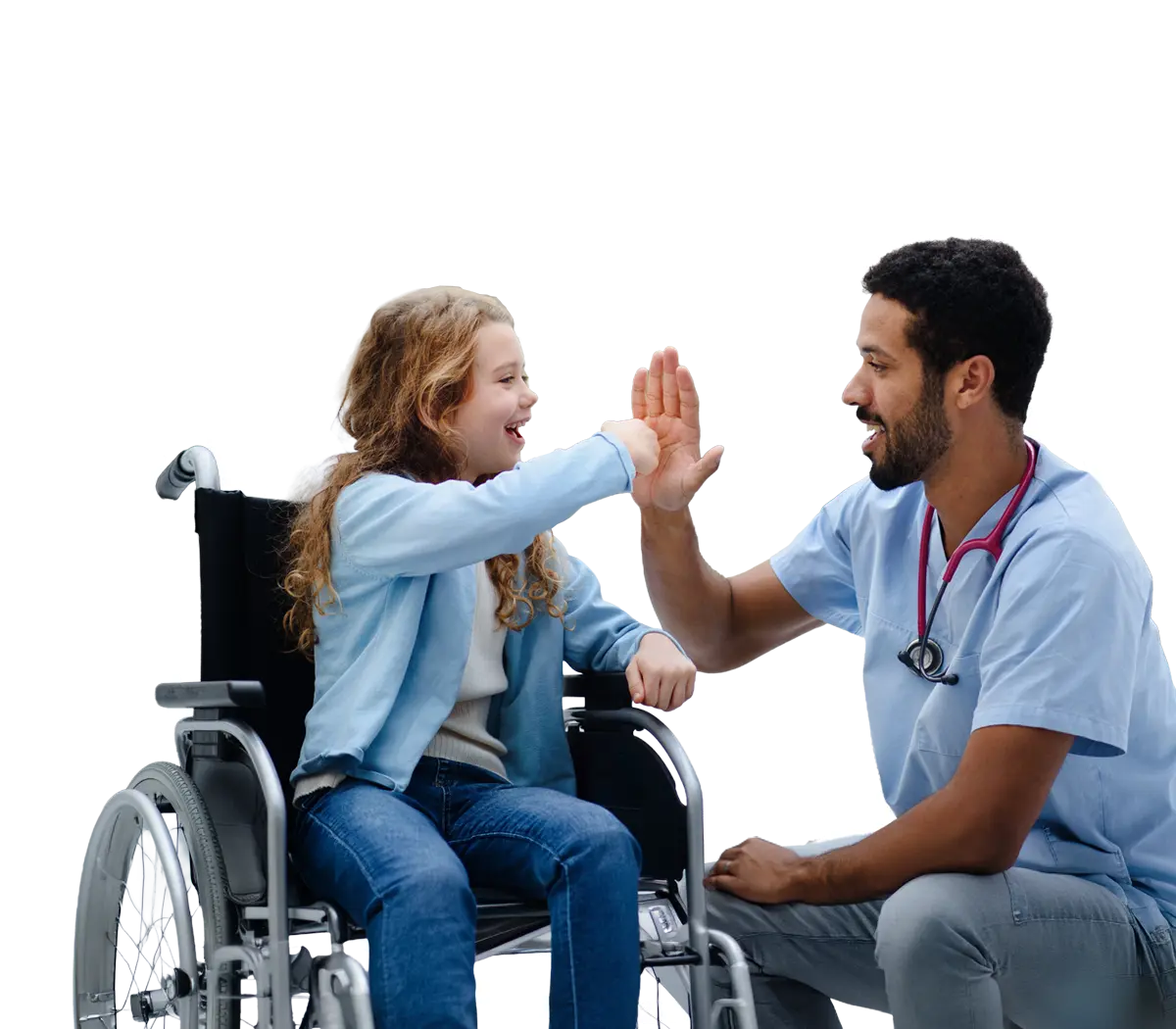 Laughing girl in wheelchair with doctor high five